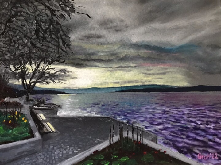 Painting titled "Abend am See" by Arne Groh, Original Artwork, Oil Mounted on Wood Stretcher frame