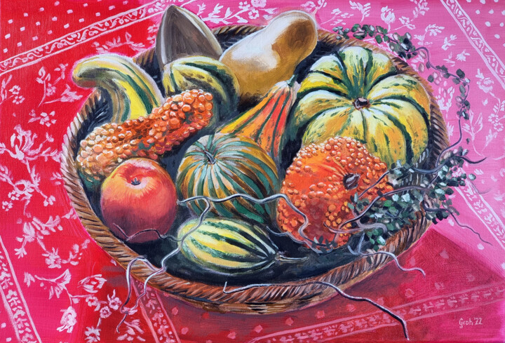 Malerei mit dem Titel "Herbstliches Kürbis…" von Arne Groh, Original-Kunstwerk, Öl Auf Keilrahmen aus Holz montiert