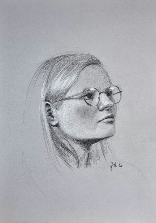 Zeichnungen mit dem Titel "Junge Frau mit Bril…" von Arne Groh, Original-Kunstwerk, Bleistift