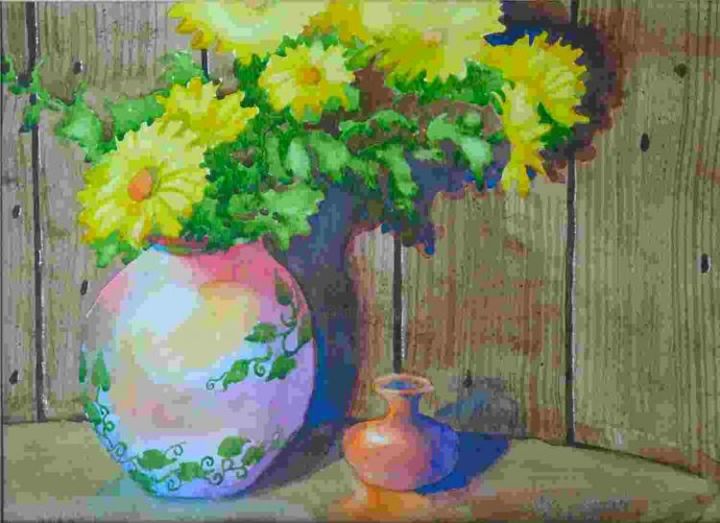 Painting titled "Daisies in colorful…" by Arnel Sarmiento, Original Art, Oil