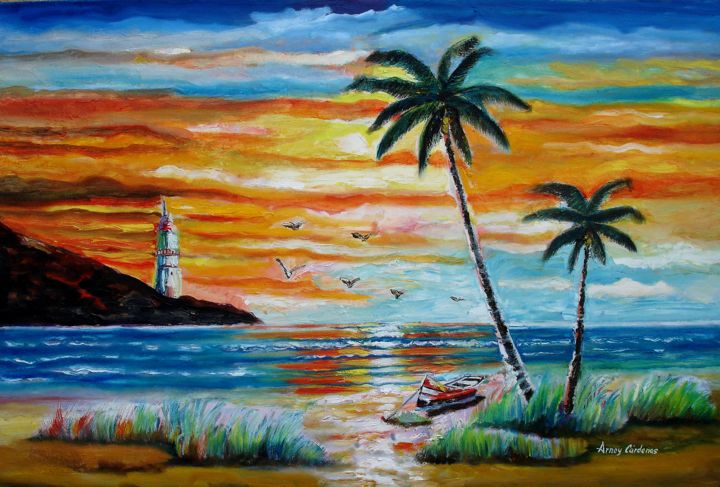 Pintura titulada "ATARDECER MARINO OR…" por Arney Càrdenas, Obra de arte original, Oleo Montado en Bastidor standard