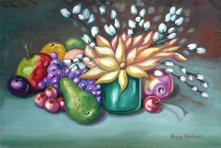 Painting titled "BODEGON FRUTAS Y AL…" by Arney Càrdenas, Original Artwork, Oil