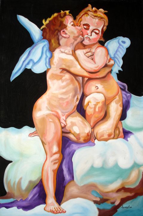 Painting titled "ANGELES ORIGINAL" by Arney Càrdenas, Original Artwork, Oil Mounted on Wood Stretcher frame