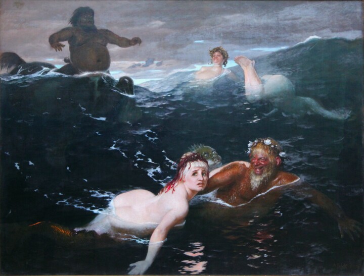 Schilderij getiteld "Jouer dans les vagu…" door Arnold Böcklin, Origineel Kunstwerk, Olie