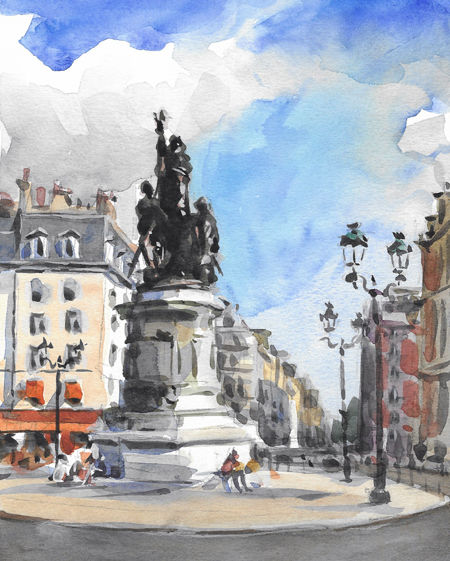 Painting titled "Place Clichy (aquar…" by Christian Arnould, Original Artwork, Watercolor
