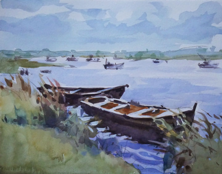 Peinture intitulée "Barques du matin" par Christian Arnould, Œuvre d'art originale, Aquarelle