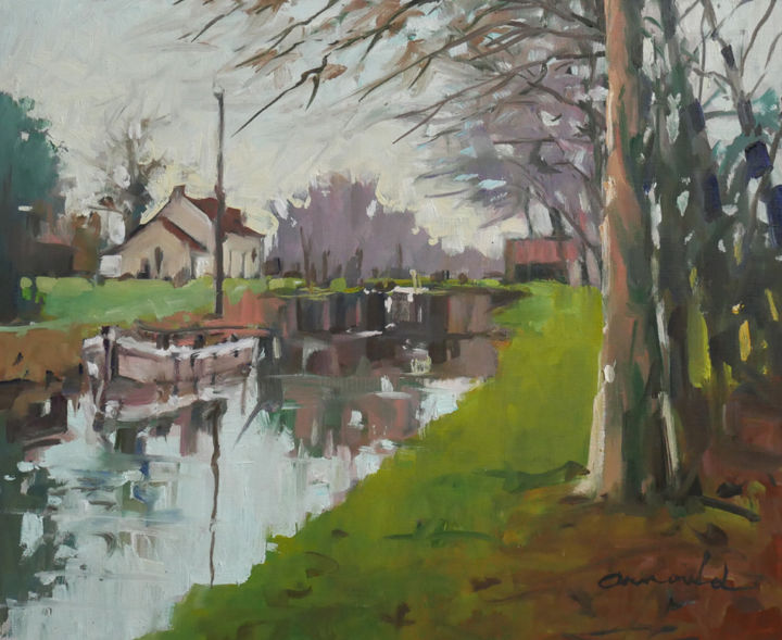 Painting titled "Au bord du canal" by Christian Arnould, Original Artwork, Oil