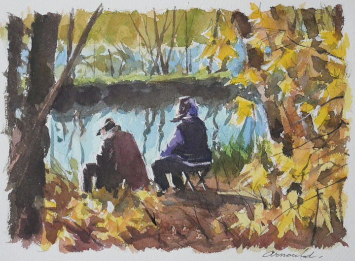 Painting titled "Les deux anciens au…" by Christian Arnould, Original Artwork, Watercolor