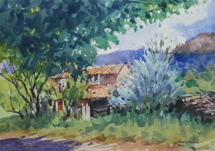 Painting titled "Le cabanon" by Christian Arnould, Original Artwork, Watercolor