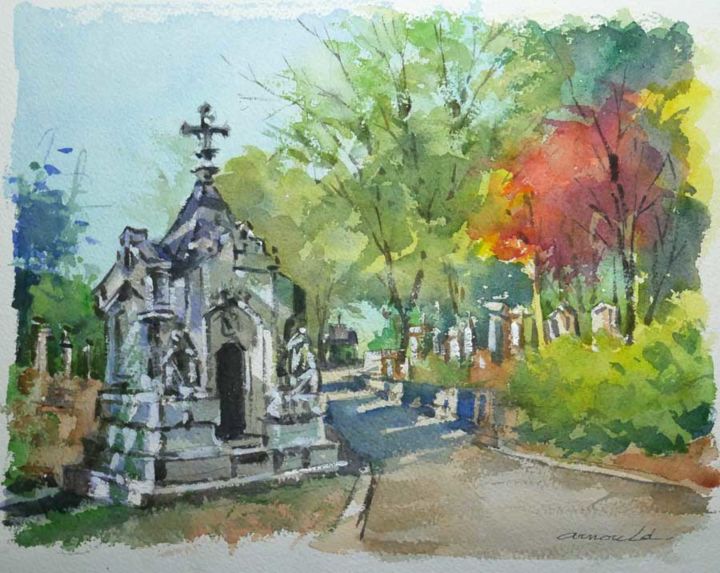 Painting titled "Cimetière du père L…" by Christian Arnould, Original Artwork, Watercolor