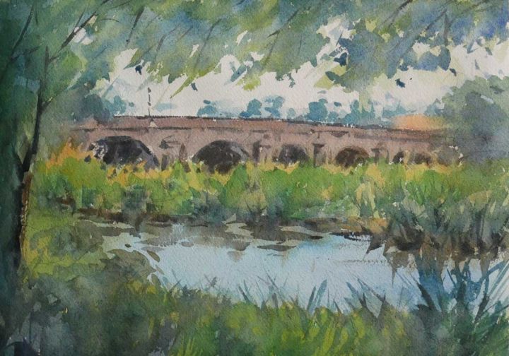 Картина под названием "Le pont de Haroué (…" - Christian Arnould, Подлинное произведение искусства, Акварель
