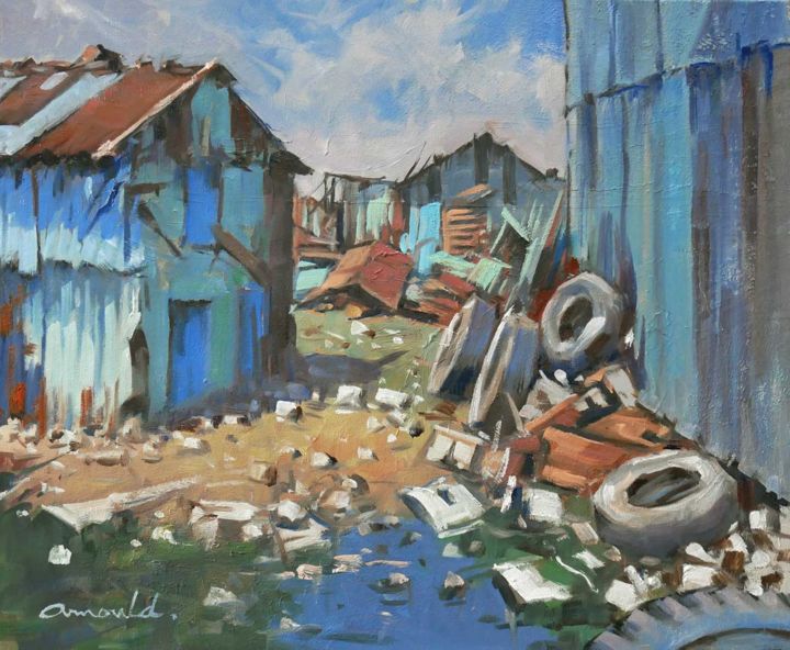 Peinture intitulée "Bidonville (huile s…" par Christian Arnould, Œuvre d'art originale, Huile