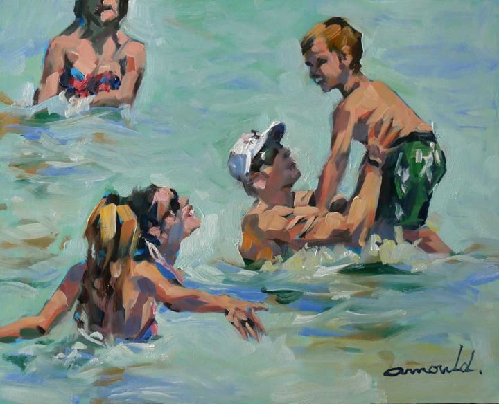 Pittura intitolato "Baignade (huile sur…" da Christian Arnould, Opera d'arte originale, Olio