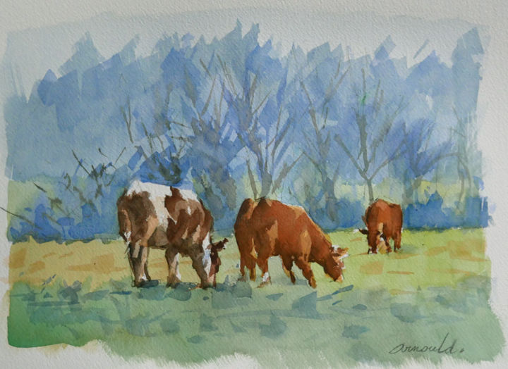 Painting titled "2 vaches" by Christian Arnould, Original Artwork, Watercolor