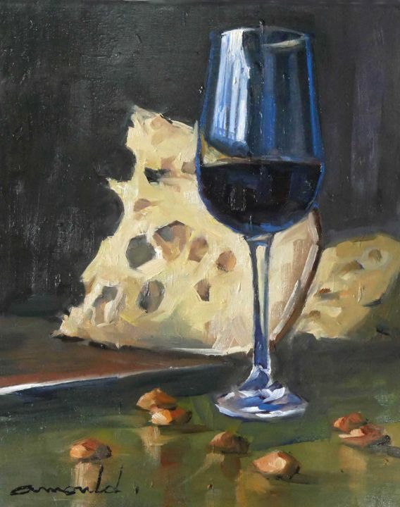 Painting titled "Vin et  fromage (hu…" by Christian Arnould, Original Artwork, Oil