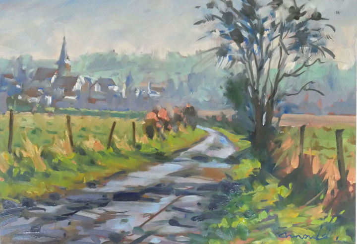 Peinture intitulée "Village embrumé (hu…" par Christian Arnould, Œuvre d'art originale, Huile