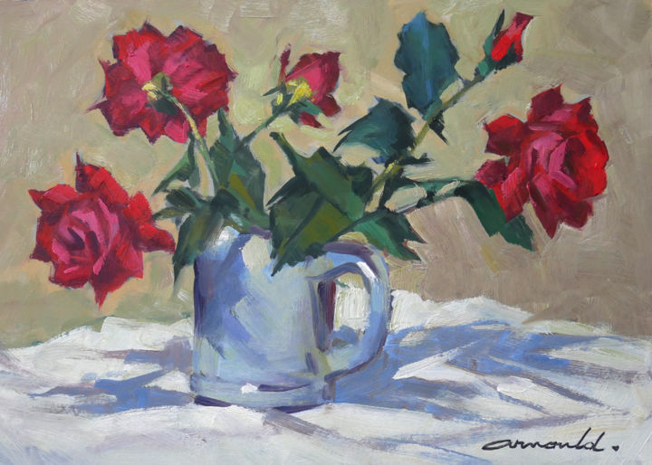 Картина под названием "Voici des roses rou…" - Christian Arnould, Подлинное произведение искусства, Масло