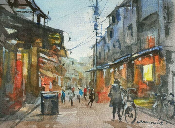 Painting titled "Quartier asiatique…" by Christian Arnould, Original Artwork, Watercolor