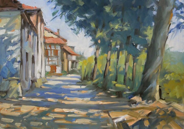 Pintura titulada "Rue bordée d'arbres…" por Christian Arnould, Obra de arte original, Oleo
