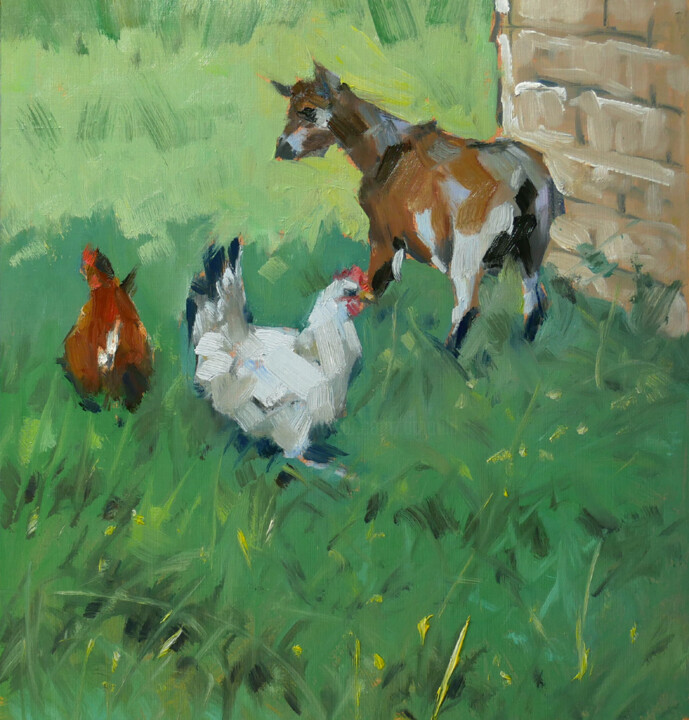 「Deux poules et une…」というタイトルの絵画 Christian Arnouldによって, オリジナルのアートワーク, オイル