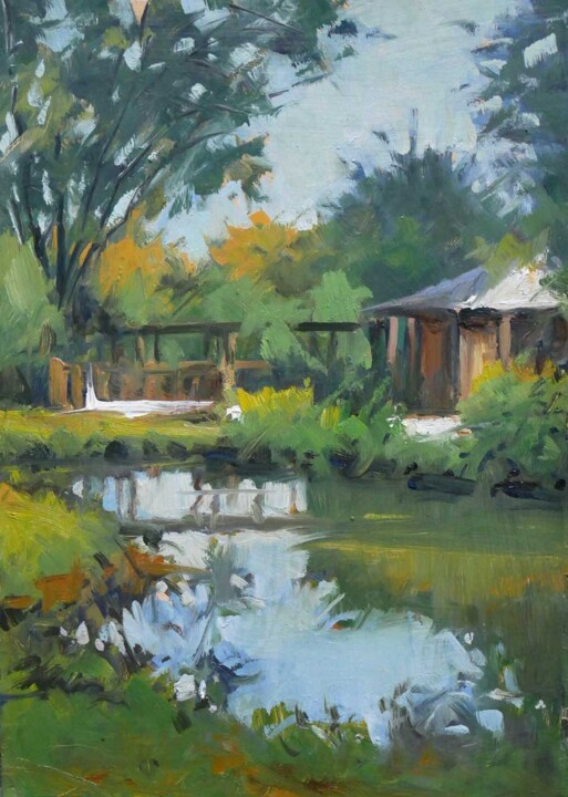 Peinture intitulée "Bassin dans le parc…" par Christian Arnould, Œuvre d'art originale, Huile