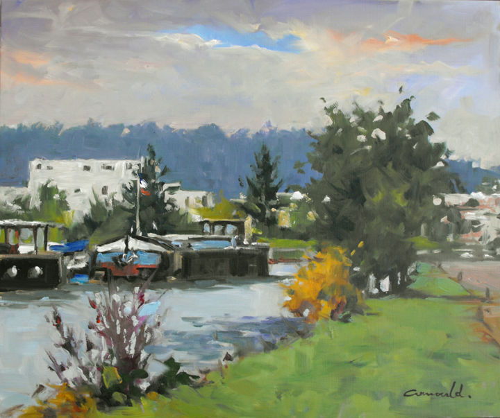 Painting titled "Canal à Champigneul…" by Christian Arnould, Original Artwork, Oil