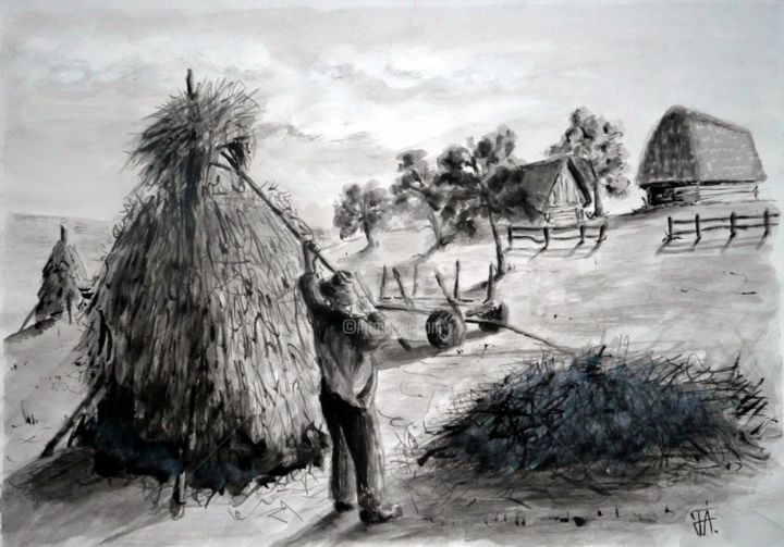 Картина под названием "at hay" - Arpad Felfalusi, Подлинное произведение искусства