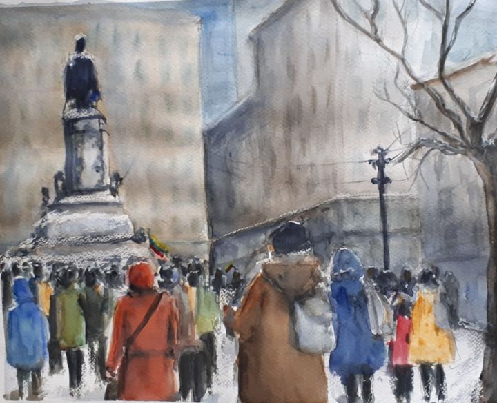 Peinture intitulée "En la plaza" par Ingrid Chapellin, Œuvre d'art originale, Aquarelle