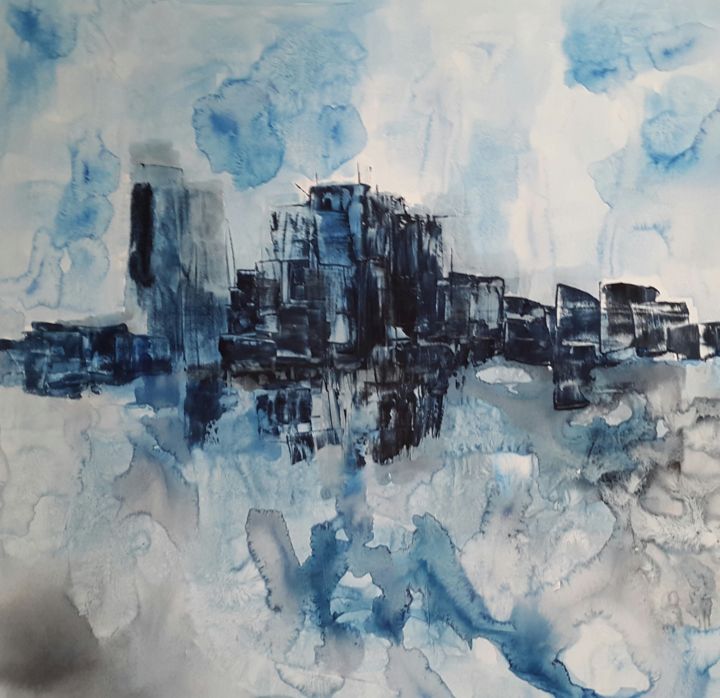 Pintura titulada "ciudad-azul-1x1.jpg" por Viviana Llorente, Obra de arte original