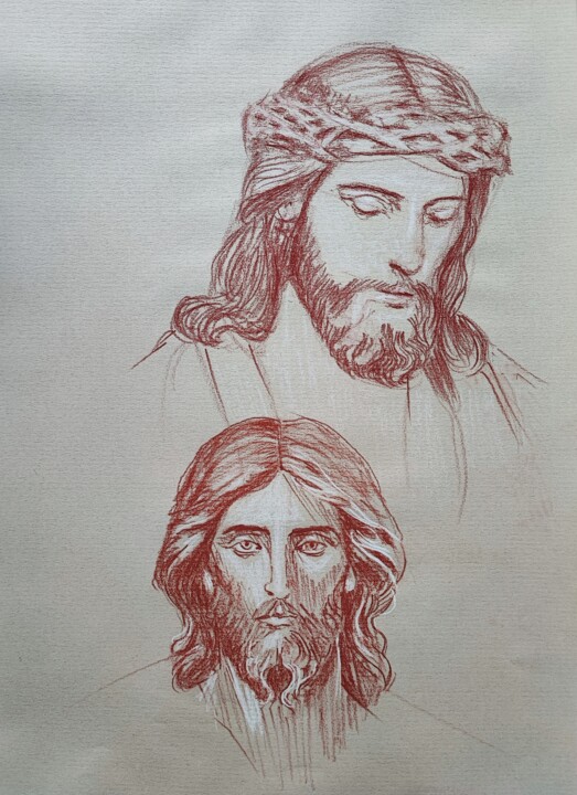 Dessin intitulée "Esquisse du Christ" par Arscena, Œuvre d'art originale, Conté