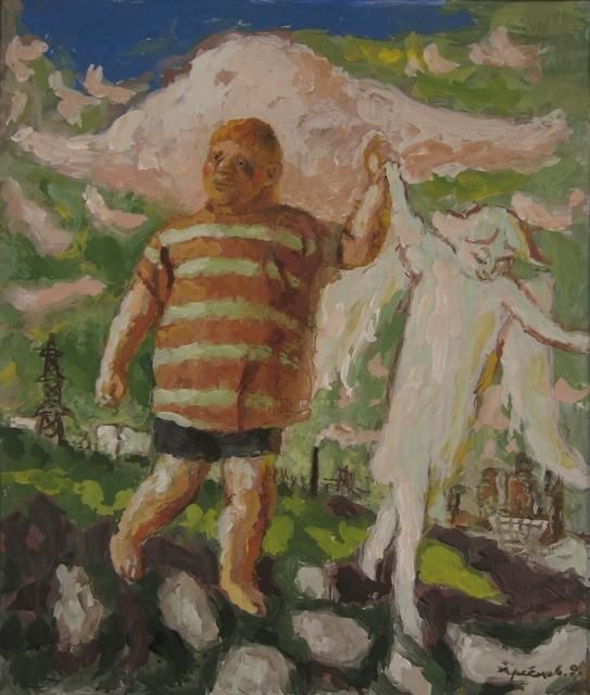 Malerei mit dem Titel "Витя и его ангел-хр…" von Vladimir Arsionov, Original-Kunstwerk, Öl