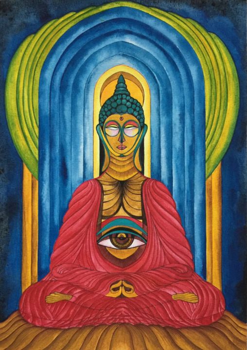 Painting titled "Meditation" by Arshad Khan, Original Art, Watercolor