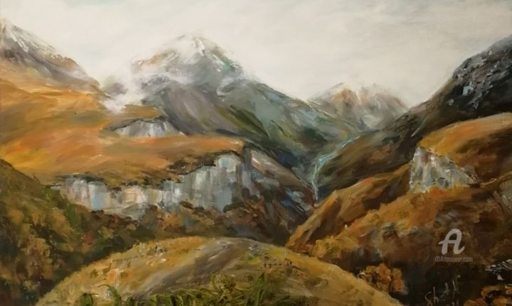 Peinture intitulée "Mountain landscape,…" par Natalia Shestopalova, Œuvre d'art originale, Acrylique Monté sur Châssis en bo…