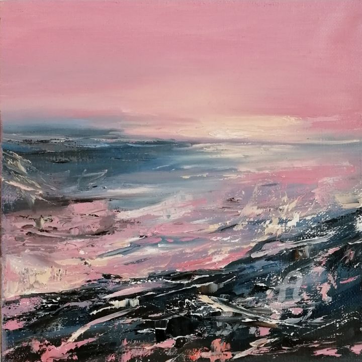 Painting titled "Abstract seascape O…" by Natalia Shestopalova, Original Artwork, Oil Mounted on Wood Stretcher frame