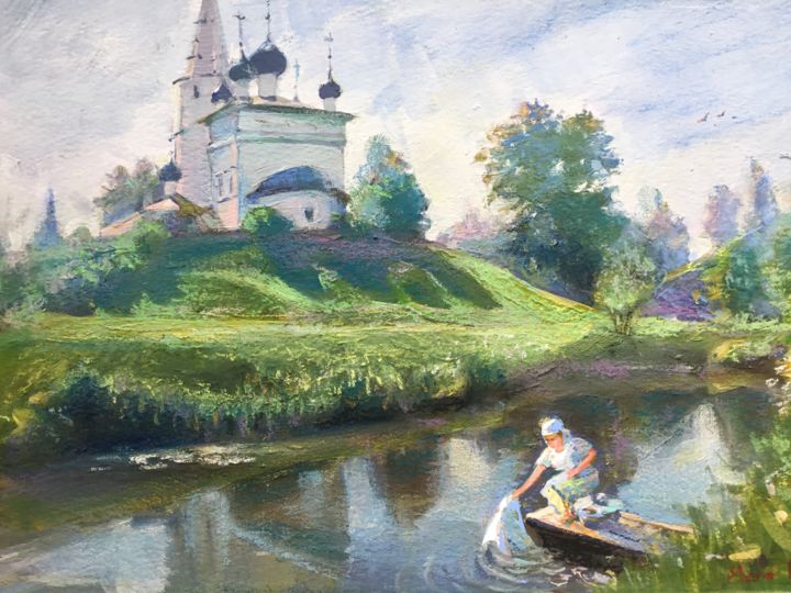 Peinture intitulée "Россия «Село Вятско…" par Elena Kiseleva, Œuvre d'art originale, Acrylique Monté sur Carton