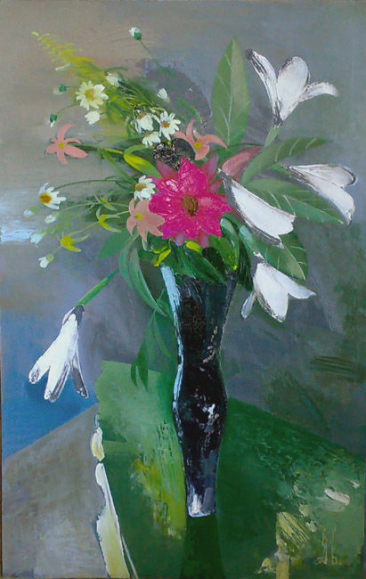 Malerei mit dem Titel "цветы на зеленой са…" von Valentina Averkina, Original-Kunstwerk, Öl
