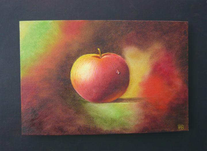 Painting titled "Appel met druppel" by Peggy Bocquez, Original Artwork, Oil