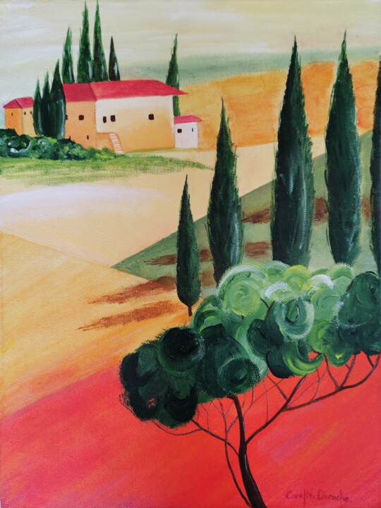 Painting titled "Paysage de Toscane" by Coralie Deroche, Original Artwork, Acrylic Mounted on Wood Panel