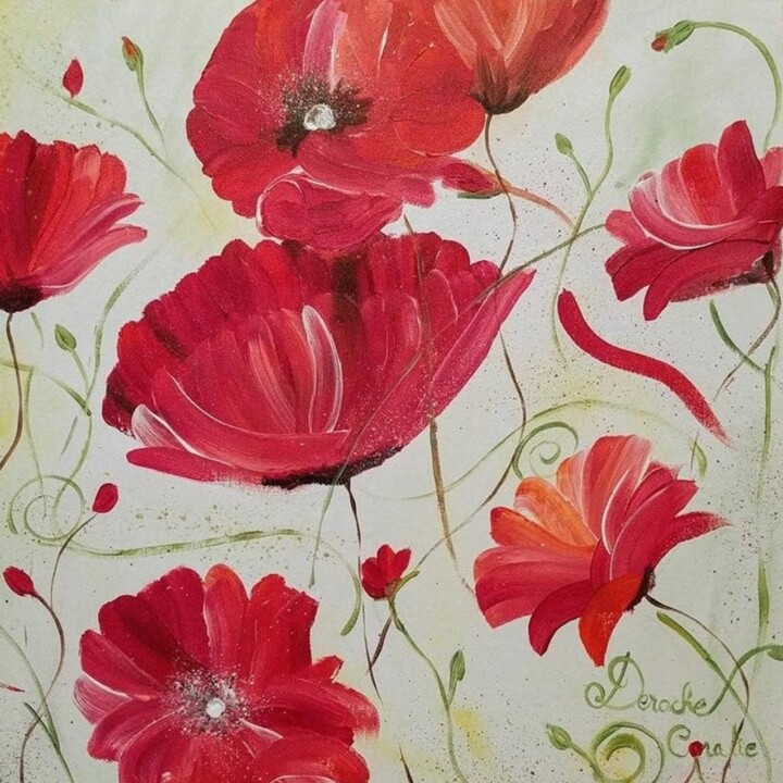 Painting titled "Coquelicots" by Coralie Deroche, Original Artwork, Acrylic Mounted on Wood Stretcher frame