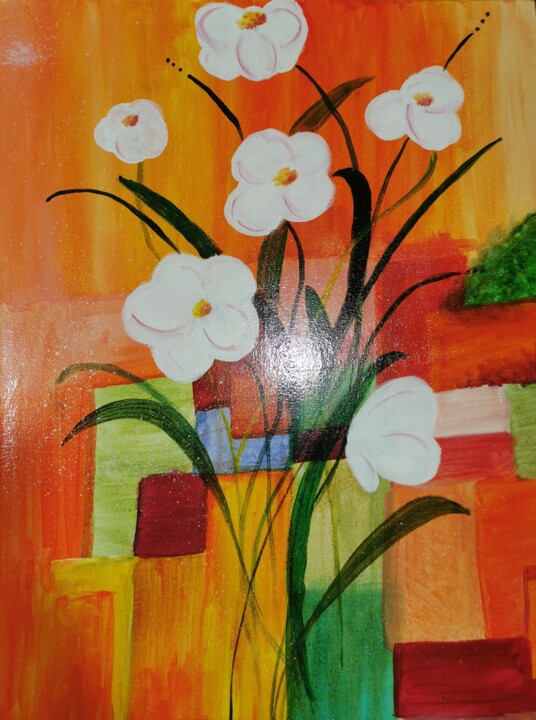Painting titled "Florale rose orangé" by Coralie Deroche, Original Artwork, Acrylic Mounted on Wood Panel