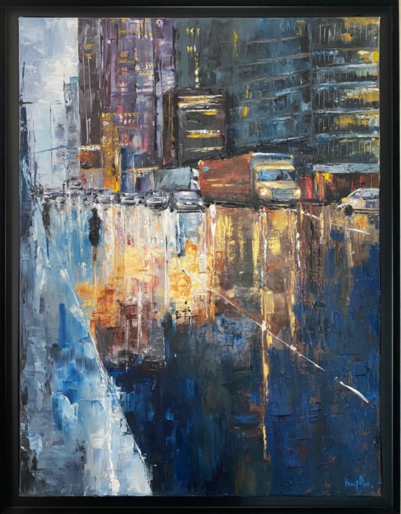 Peinture intitulée "Une nuit à New York" par Joëlle Kroepflen, Œuvre d'art originale, Huile