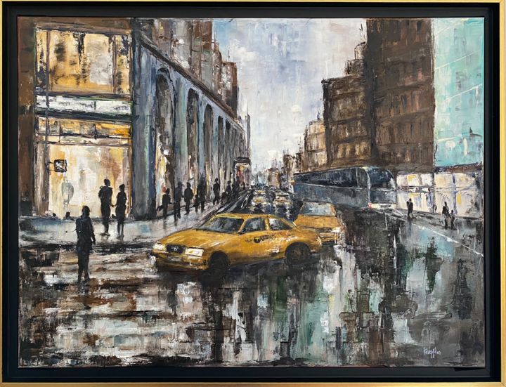 Peinture intitulée "Taxis à New York" par Joëlle Kroepflen, Œuvre d'art originale, Huile