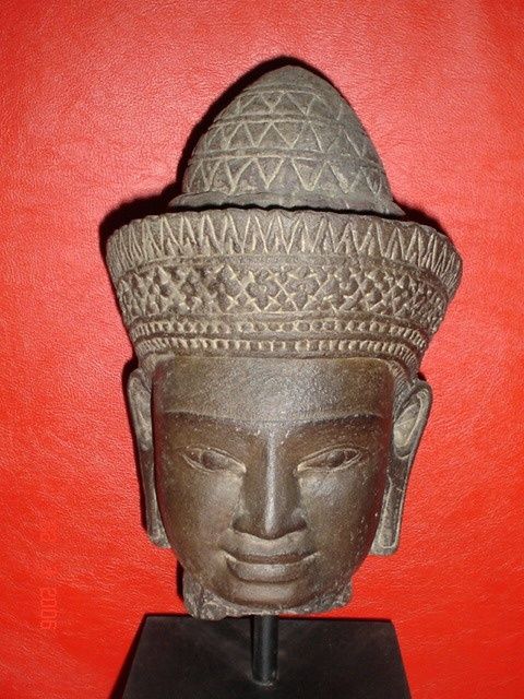 Sculpture intitulée "Head of KHMER Statue" par Art Deco Chiangmai Thailand Odyaiphsaal Etch, Œuvre d'art originale