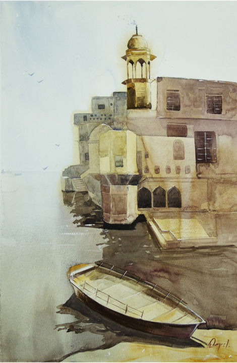 Peinture intitulée "Lonely Boat" par Durgesh Goswami, Œuvre d'art originale