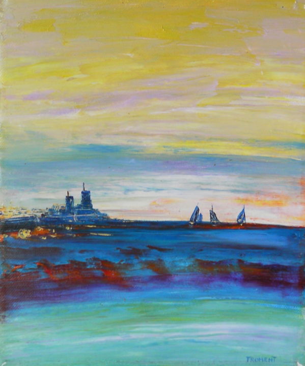 Painting titled "MARINE Antibes les…" by Michèle Froment, Original Artwork, Oil Mounted on Wood Stretcher frame