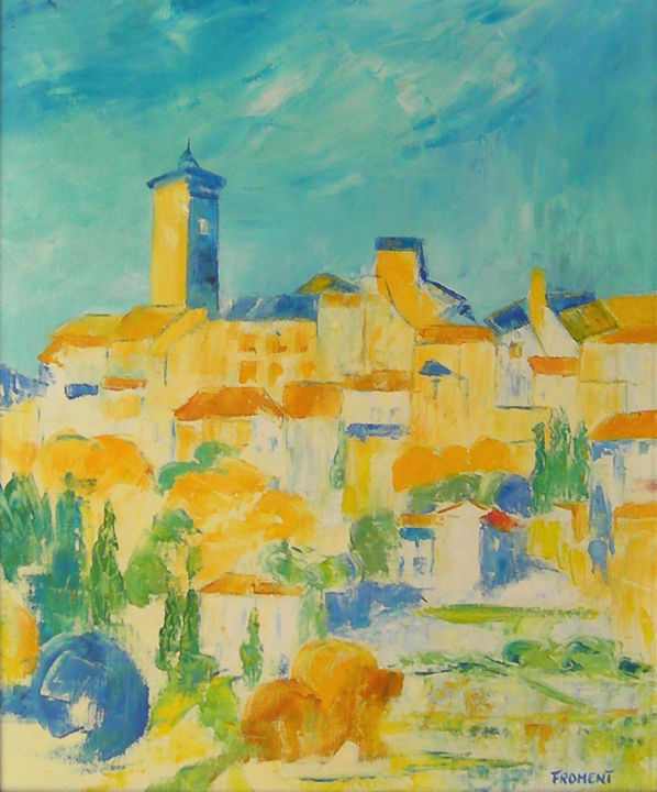 Painting titled "VILLAGE HAUT PERCHE…" by Michèle Froment, Original Artwork, Oil Mounted on Wood Stretcher frame