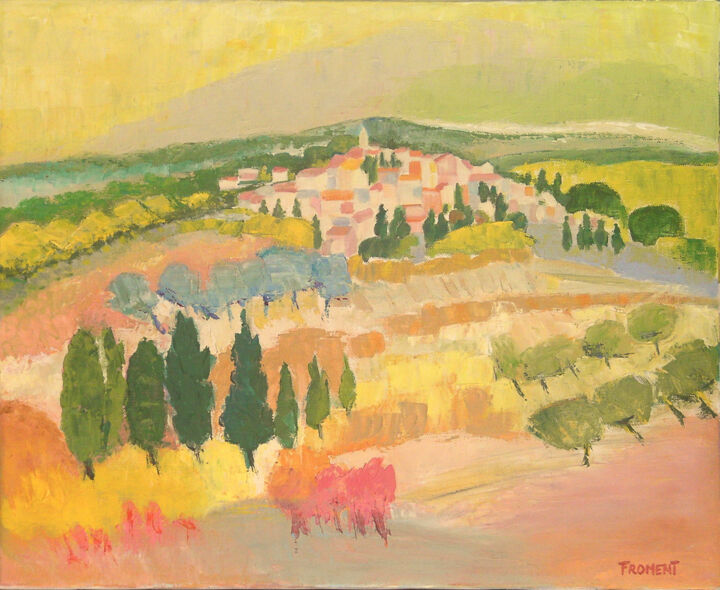 Peinture intitulée "VILLAGE DE CHATEAUN…" par Michèle Froment, Œuvre d'art originale, Huile Monté sur Châssis en bois