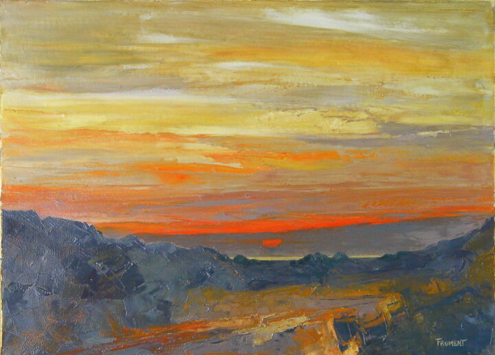 Painting titled "COUCHER DE SOLEIL E…" by Michèle Froment, Original Artwork, Oil Mounted on Wood Stretcher frame