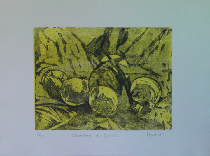 Printmaking titled "CLEMENTINES DU JARD…" by Michèle Froment, Original Artwork, Engraving Mounted on Cardboard