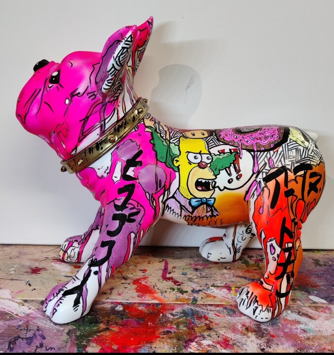 Sculpture intitulée "Bulldog dog pink po…" par Art Hugo, Œuvre d'art originale, Acrylique